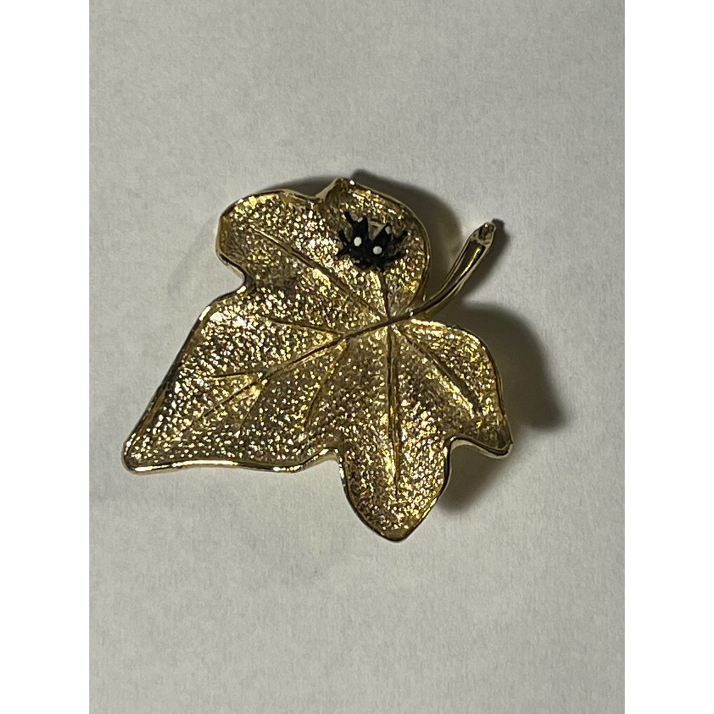 Vintage Gold Tone Ivy Leaf Brooch with Ladybug Accent Textured Botanical Pin